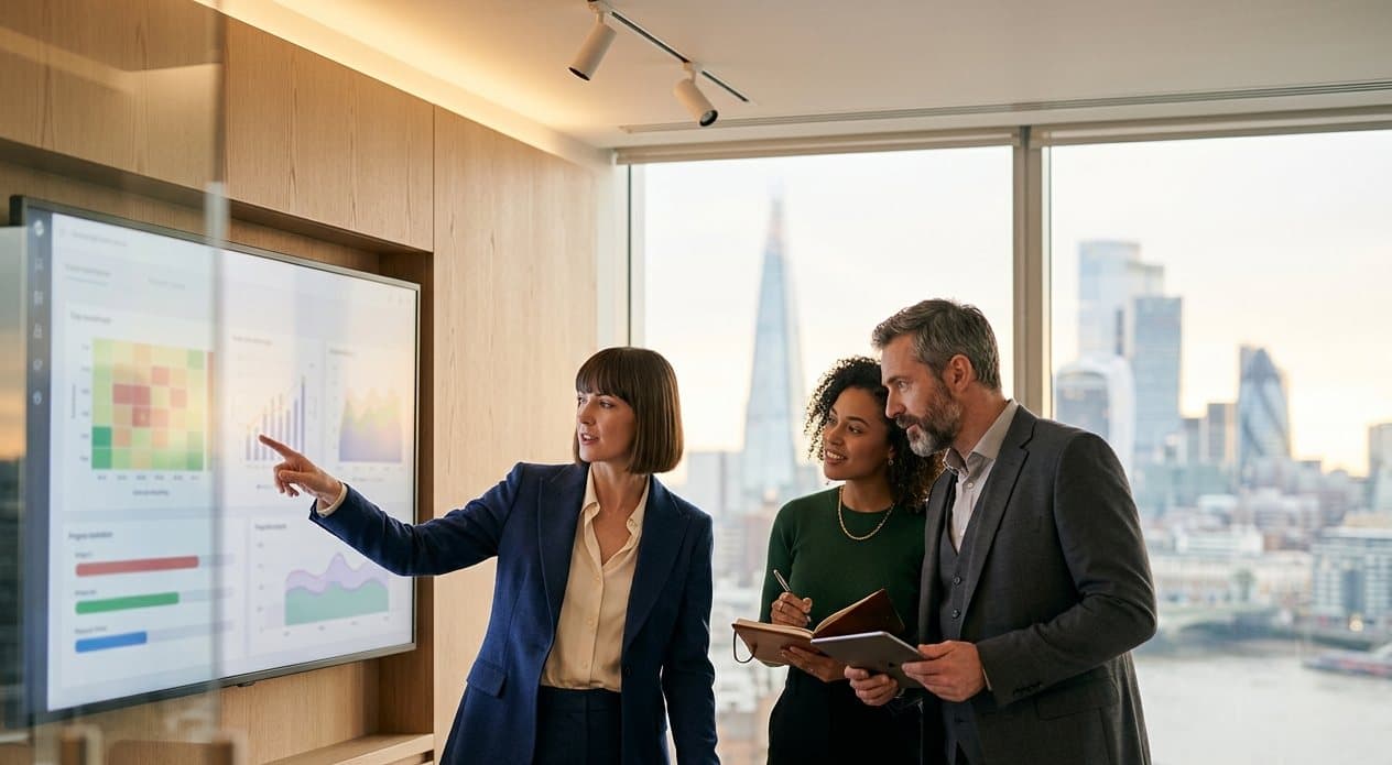A head-office team reviewing store insights together on a large screen